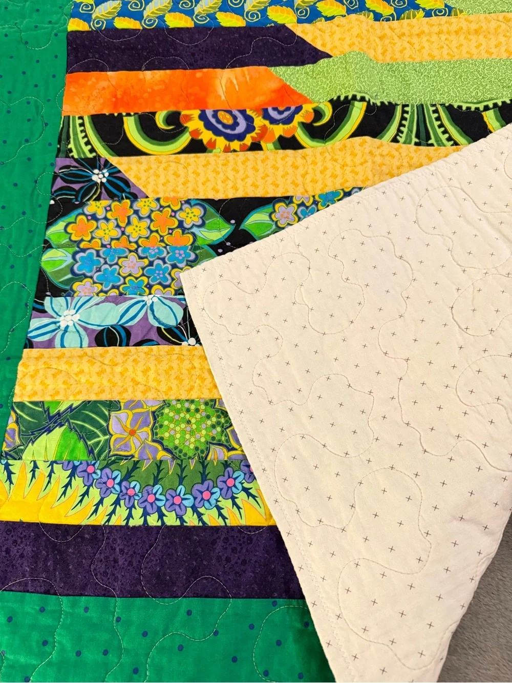 Handmade Bright Patchwork lap Quilt, wall hanging or bed accent. 29 x 37 inches.